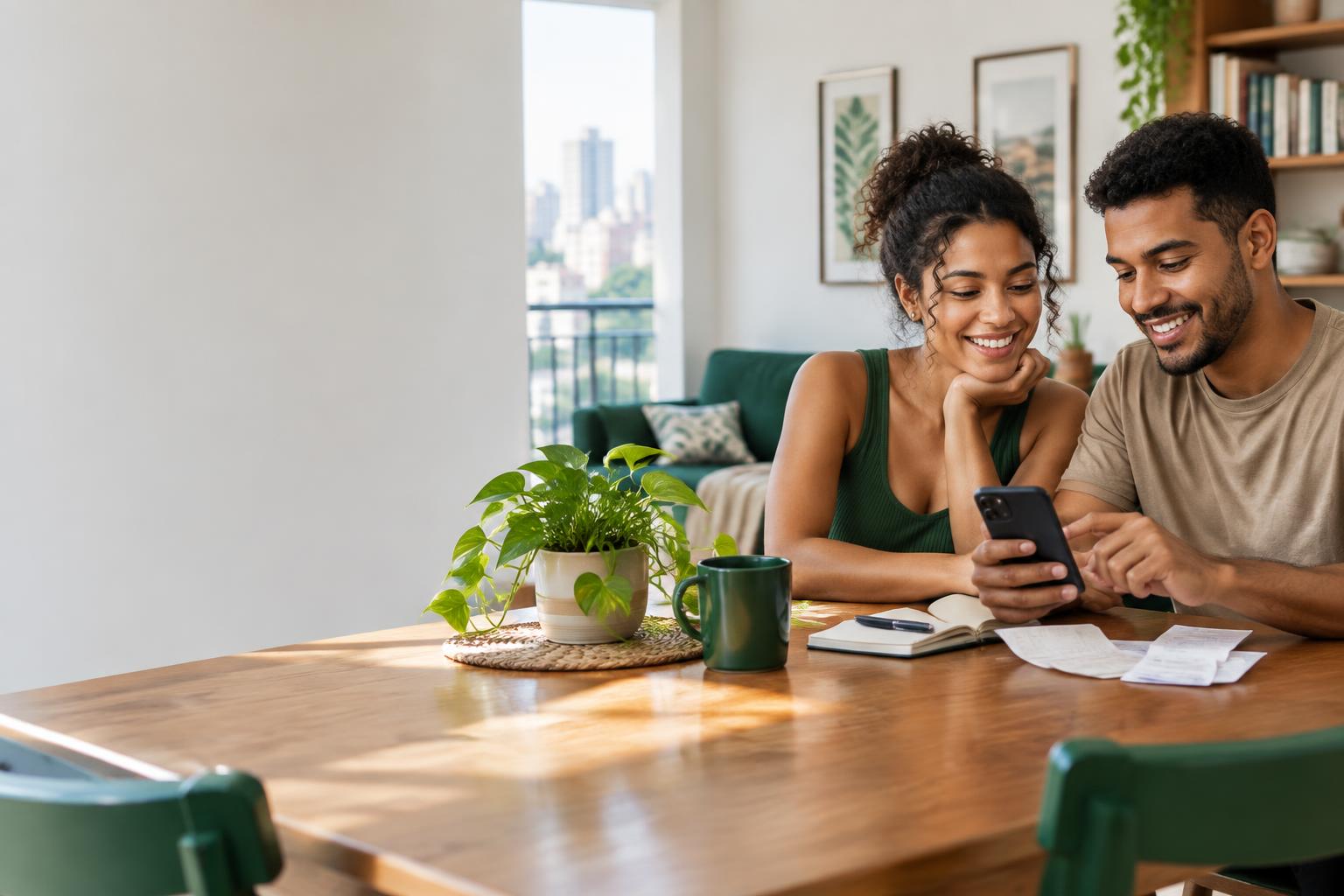 Casal acompanhando as finanças no celular